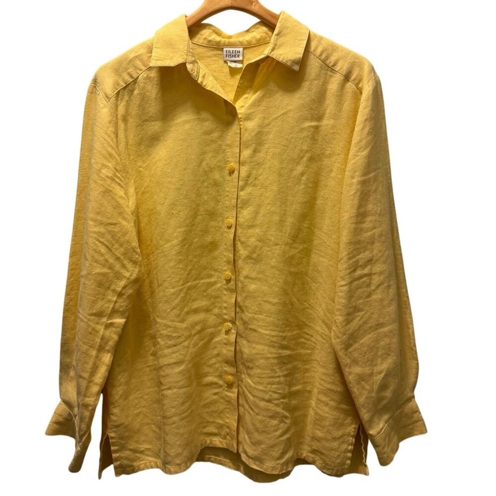 Eileen Fisher Small Women's Yellow Linen Blend Button Up Shirt Long Sleeve USA